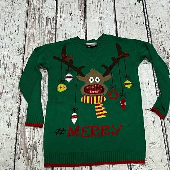 Women's Rudolph Red Nose Reindeer Green Christmas Sweater Ugly - Picture 2 of 7